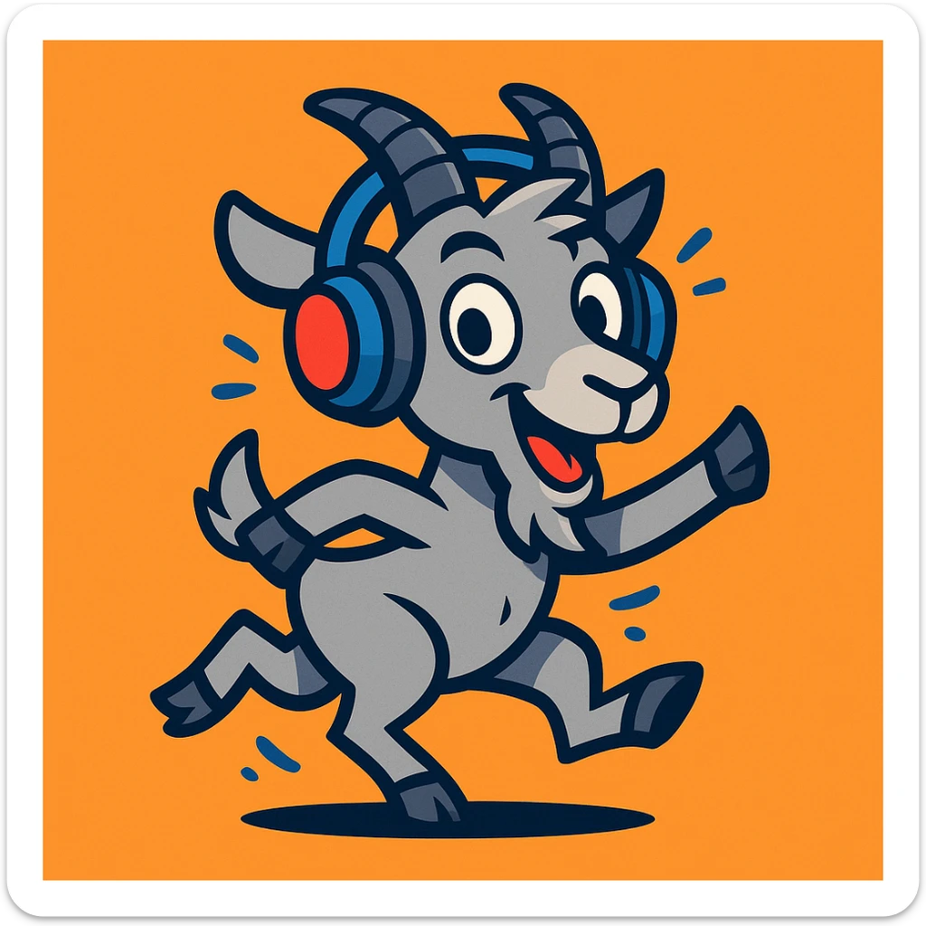 energetic and playful grey goat wearing large gaming headphones, cartoon style sticker