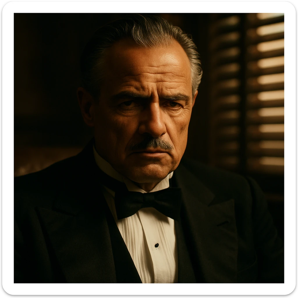Cinematic close-up of a powerful Italian mafia boss from the 1940s, wearing a black tuxedo, white shirt, and bow tie. He has slicked-back grey hair, a mustache, and a stern expression, sitting in a dimly lit room with dramatic lighting and blinds casting striped shadows. sticker