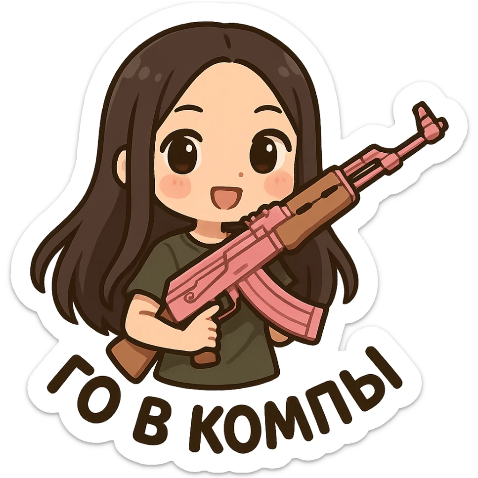 Девушка с темно коричневыми и длинными до поясницы волосами без челки держит розовый ак-47 и надпись: го в компы  sticker