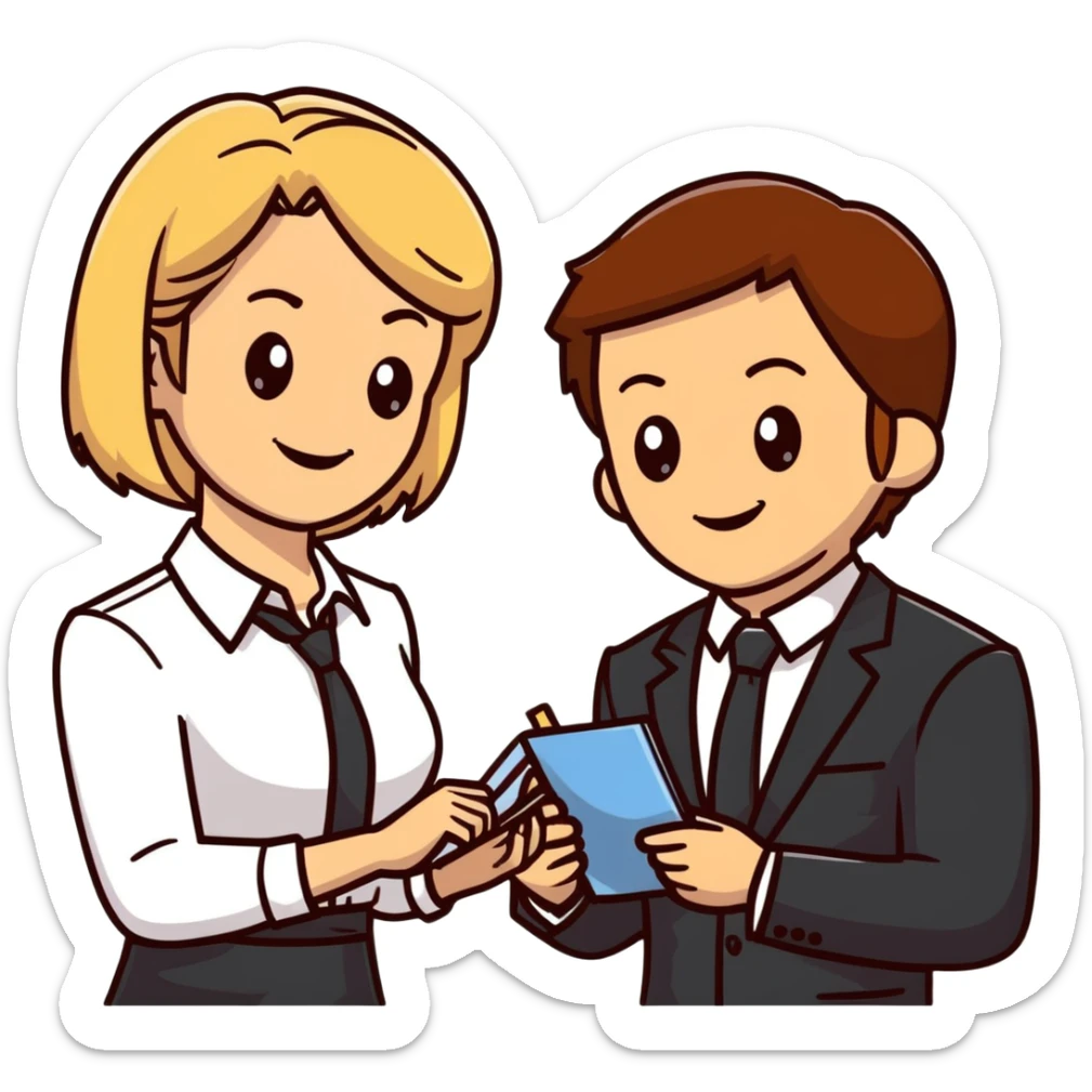 blonde woman in business suit talking to smiling brown-haired man in white shirt sticker
