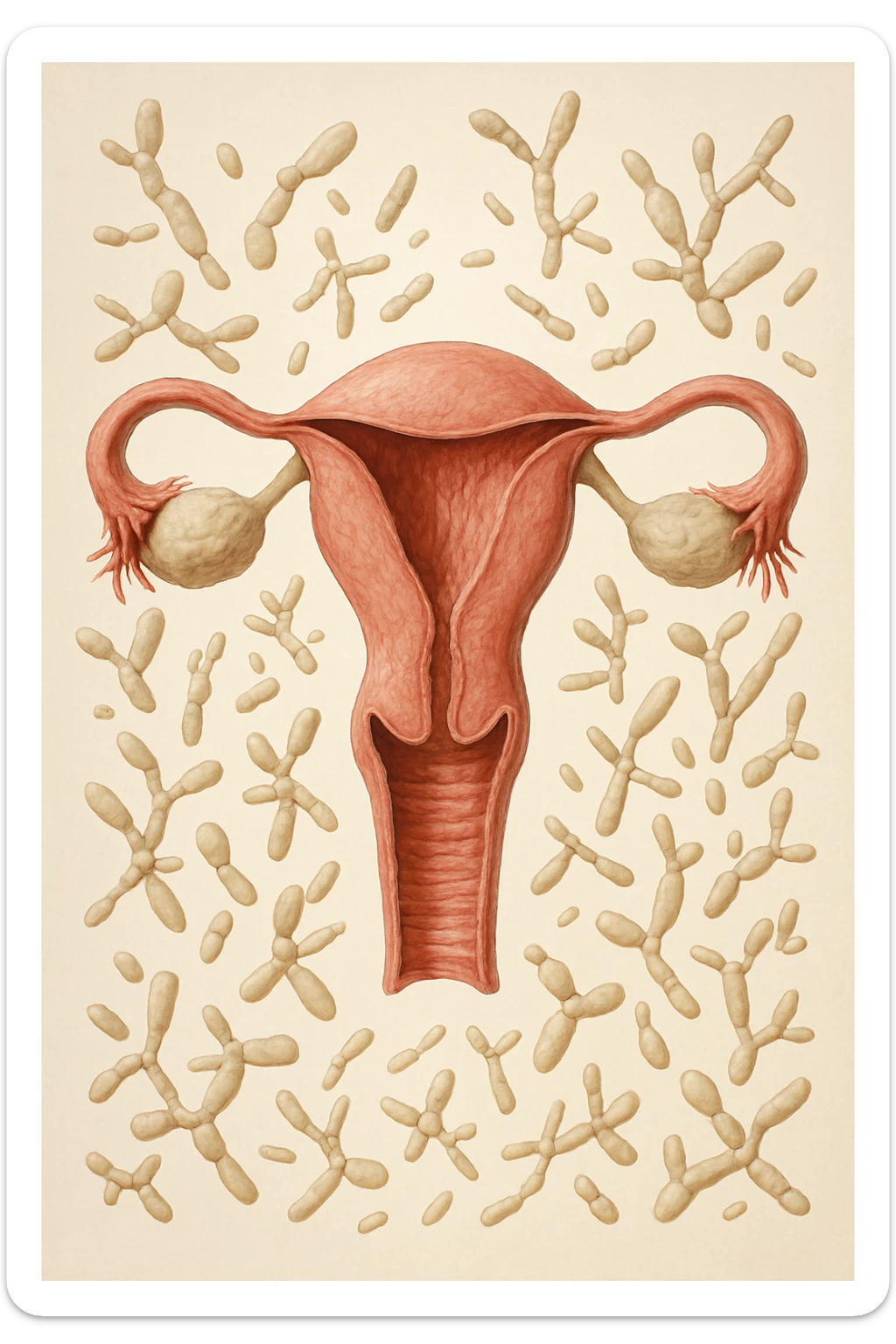 utero umano realistico con batteri della candida intorno, la foto si deve vedere per intero in formato verticale, sullo sfondo neutro chiaro ci sono batteri della candida, iperrealistico 4k sticker