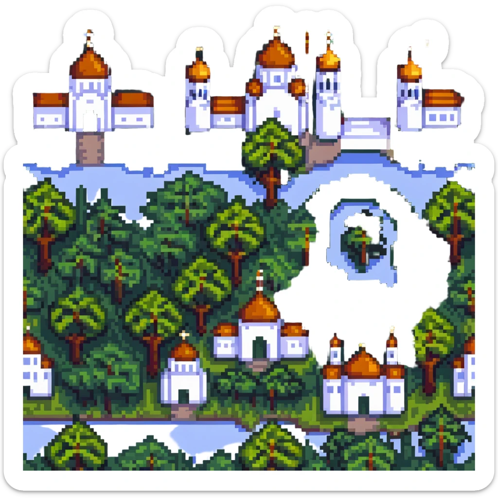 cityscape of Nalchik with iconic buildings and trees in pixel art style sticker