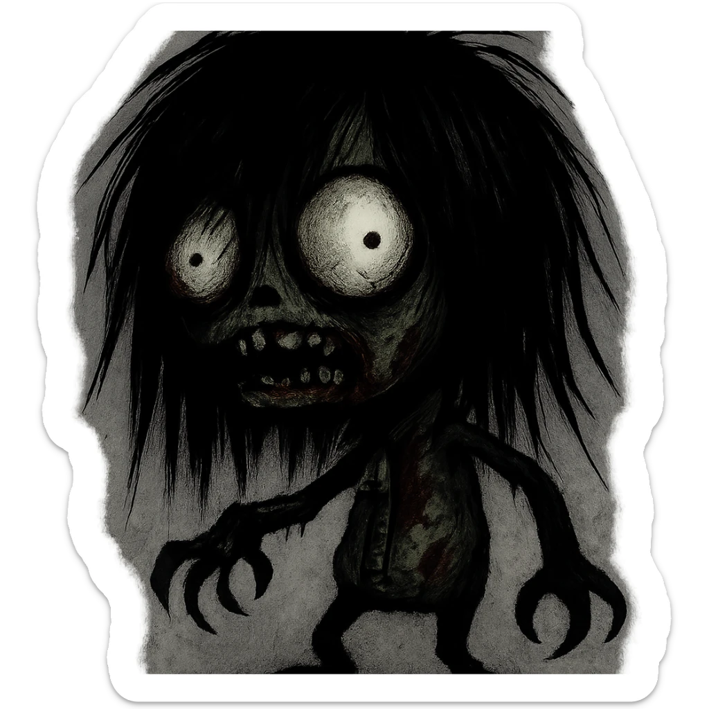 GIR as a zombie with long black shaggy emo hair, dark and spooky, creepy expression sticker