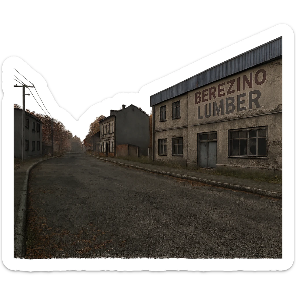 a view of the city street in a videogame: DayZ - in the town of berezio "lumber" sticker