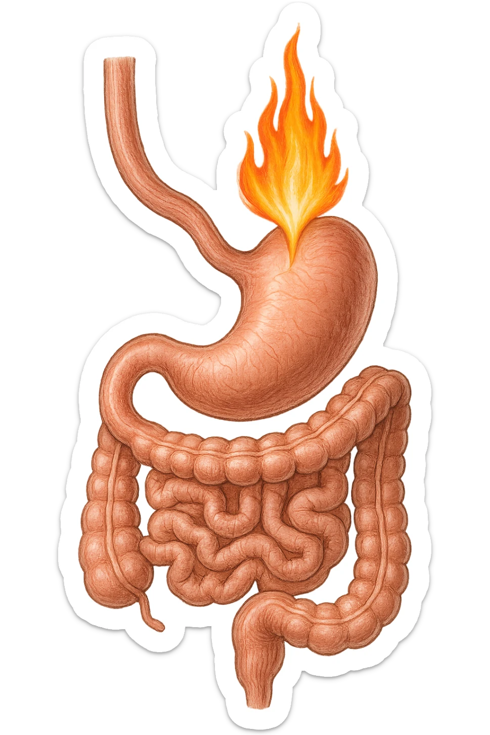 intestino e stomaco sono collegati, con una fiamma che brucia sopra, isolate su sfondo bianco sticker