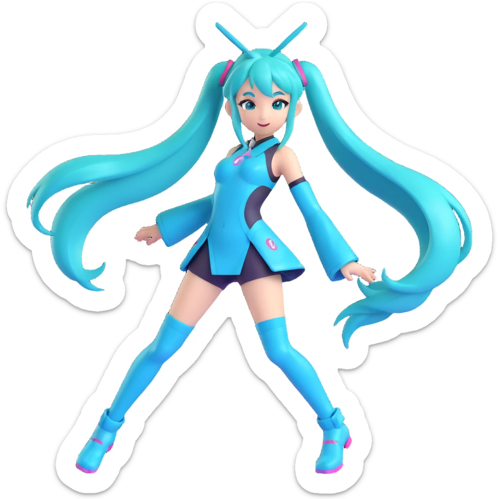 Hatsune Miku 3D style, glossy turquoise hair, detailed futuristic costume, energetic pose sticker
