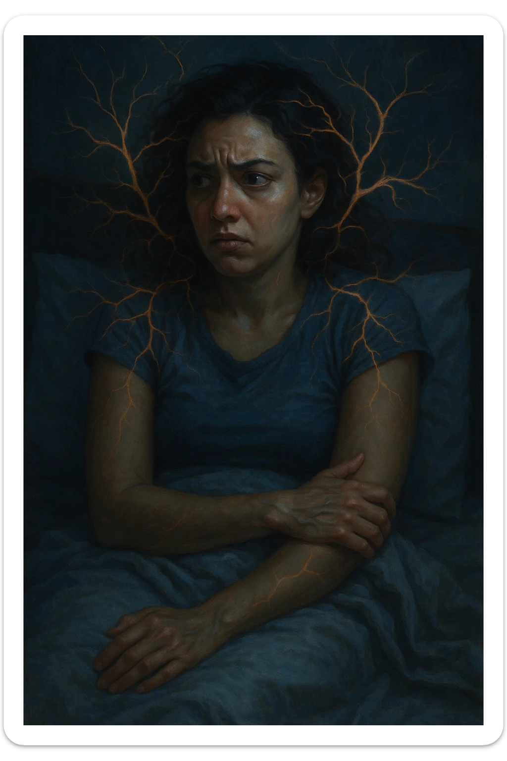 realistic and cinematic vertical illustration of a woman with PCOS in bed, agitated and insomniac, with symbols of nervous system imbalance, nighttime atmosphere, very few writings, 2:3 aspect ratio sticker