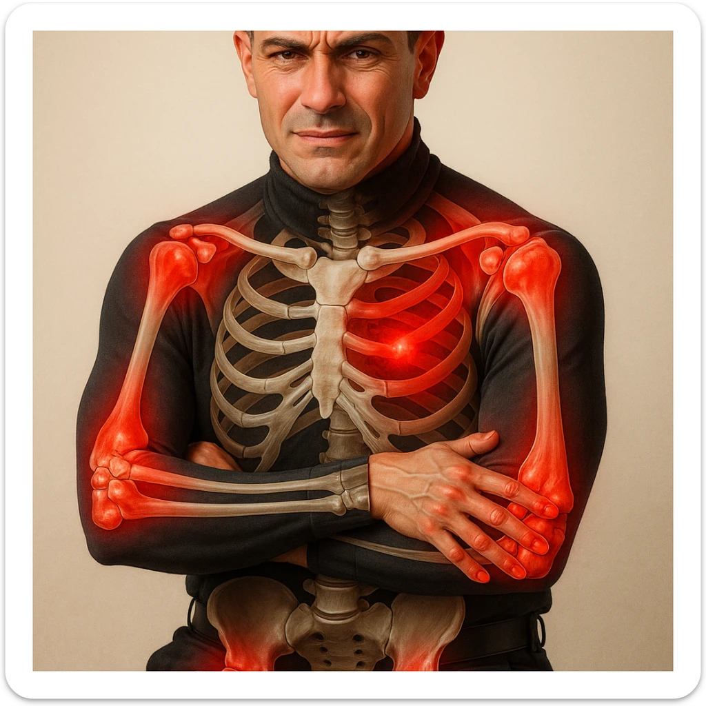 Create a series of 5 vertical images of a man (reference photo) with widespread joint pain, highlighting inflammation with an anatomical view. Show red zones on the joints, medical style, anatomical details, hyperrealism, variation 2. sticker