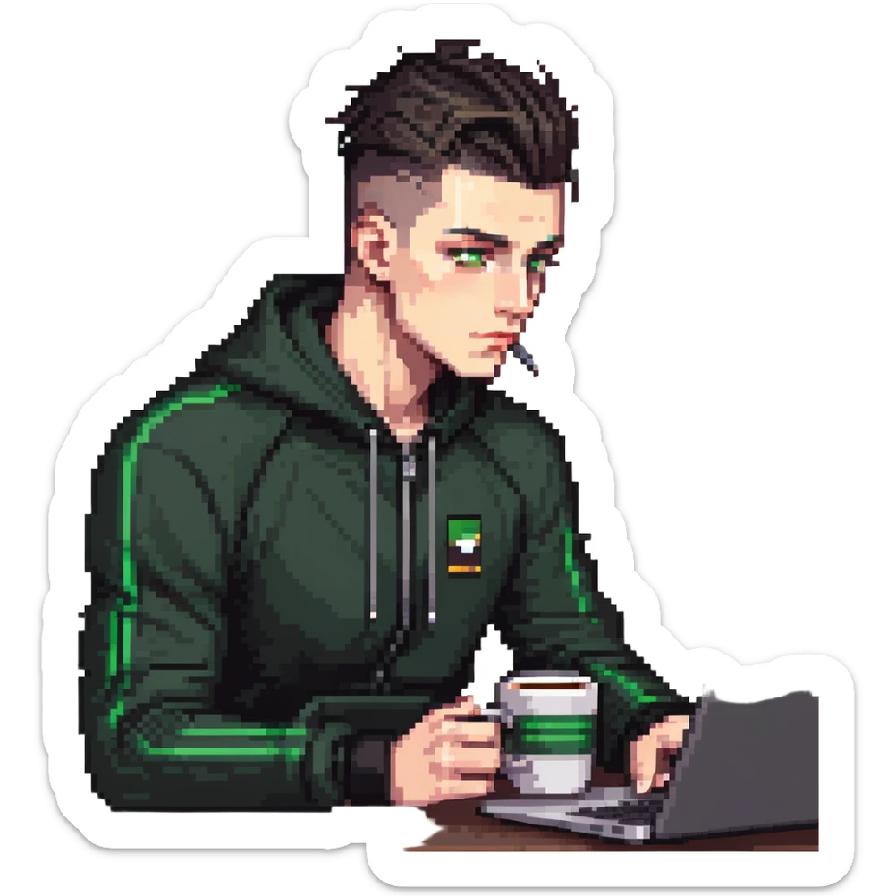 male with dark hair, high fade haircut, high slick back hairstyle, green eyes, wearing a black tracksuit, coding on black laptop, drinking coffee sticker