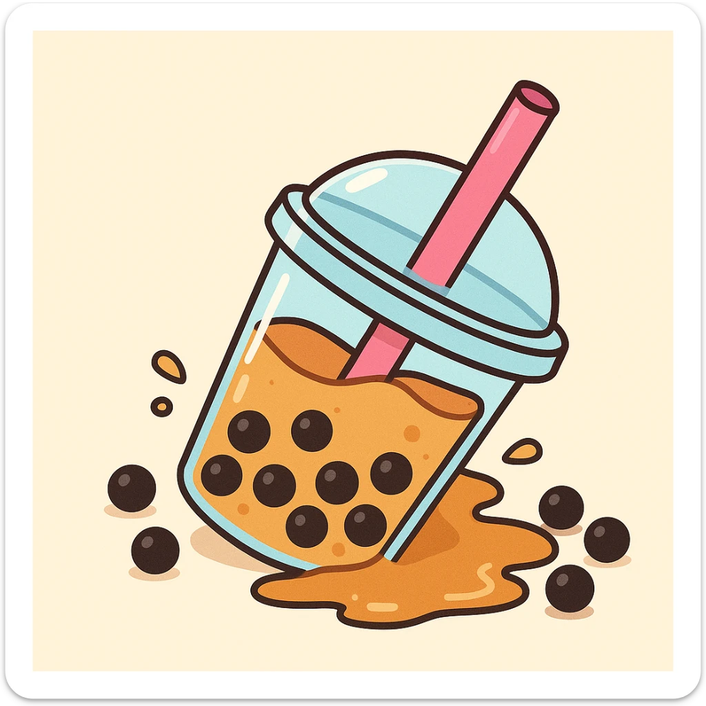 spilled boba tea, cup on its side, tea and pearls flowing out, fun and simple sticker
