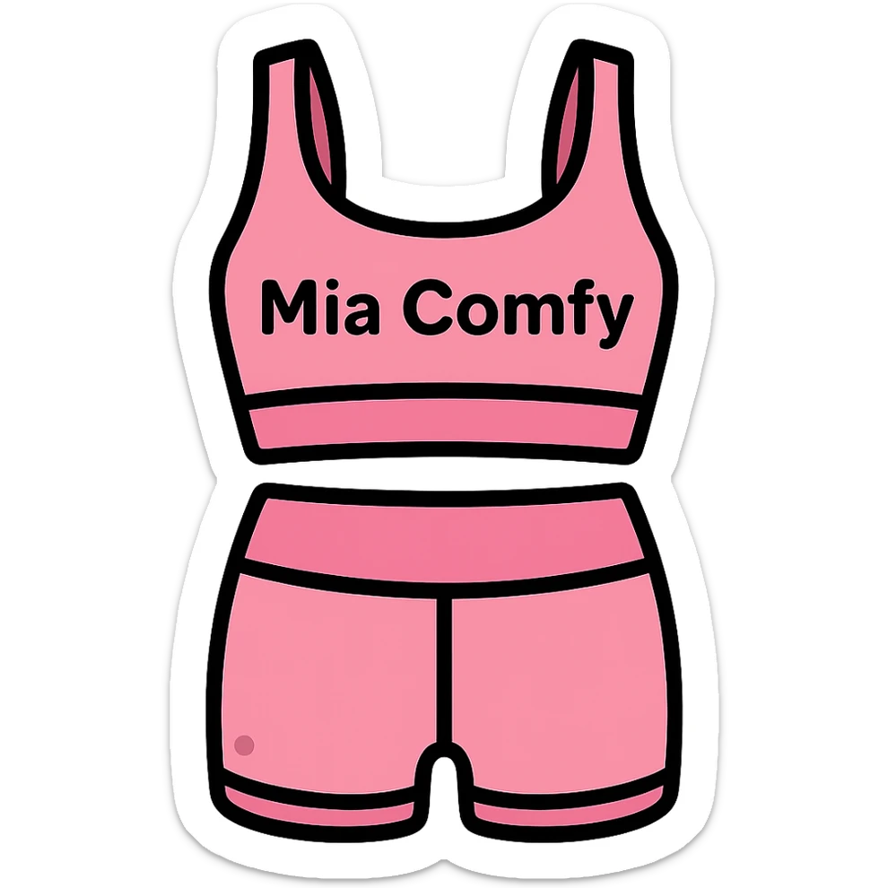Add the name 'Mia Comfy' in a clear, stylish font on the pink yoga top. Keep the background transparent. sticker