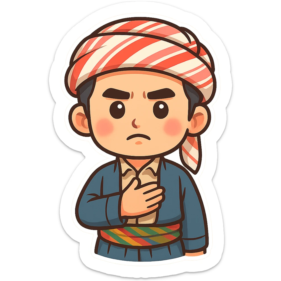 cartoon sticker of a Kurdish man in traditional clothing, hand on chest (salute) pose, serious face, colorful and cheerful, no text, suitable for WhatsApp and Instagram sticker
