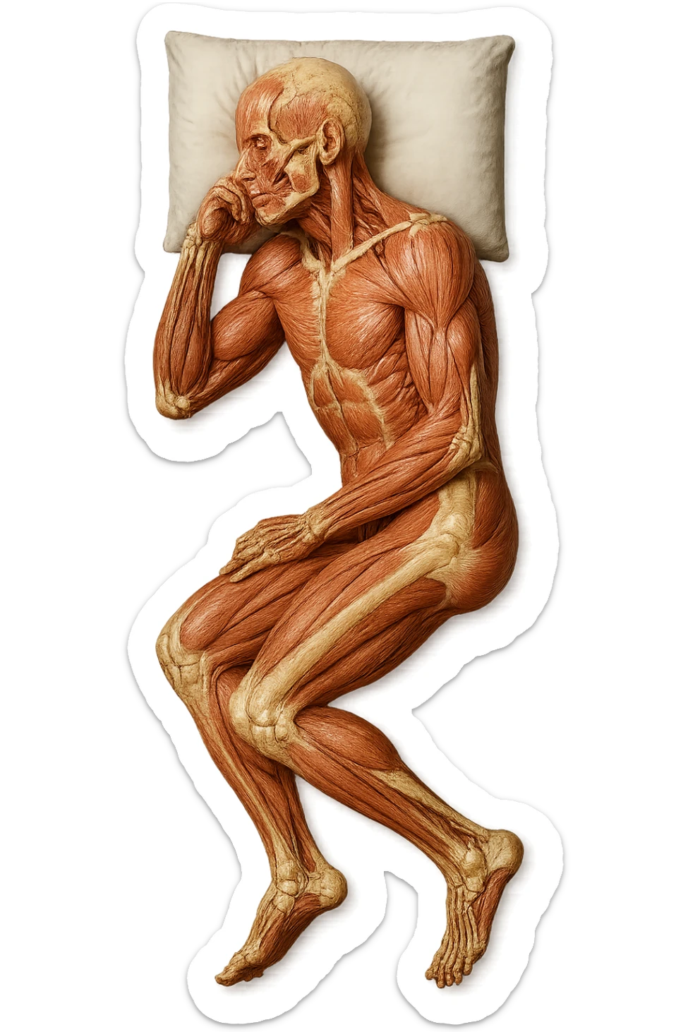 corpo umano anatomico CON TESTA SUL CUSCINO PERCHé STA DORMENDO, VISTO DALL'ALTO, iperrealistico 4k sticker
