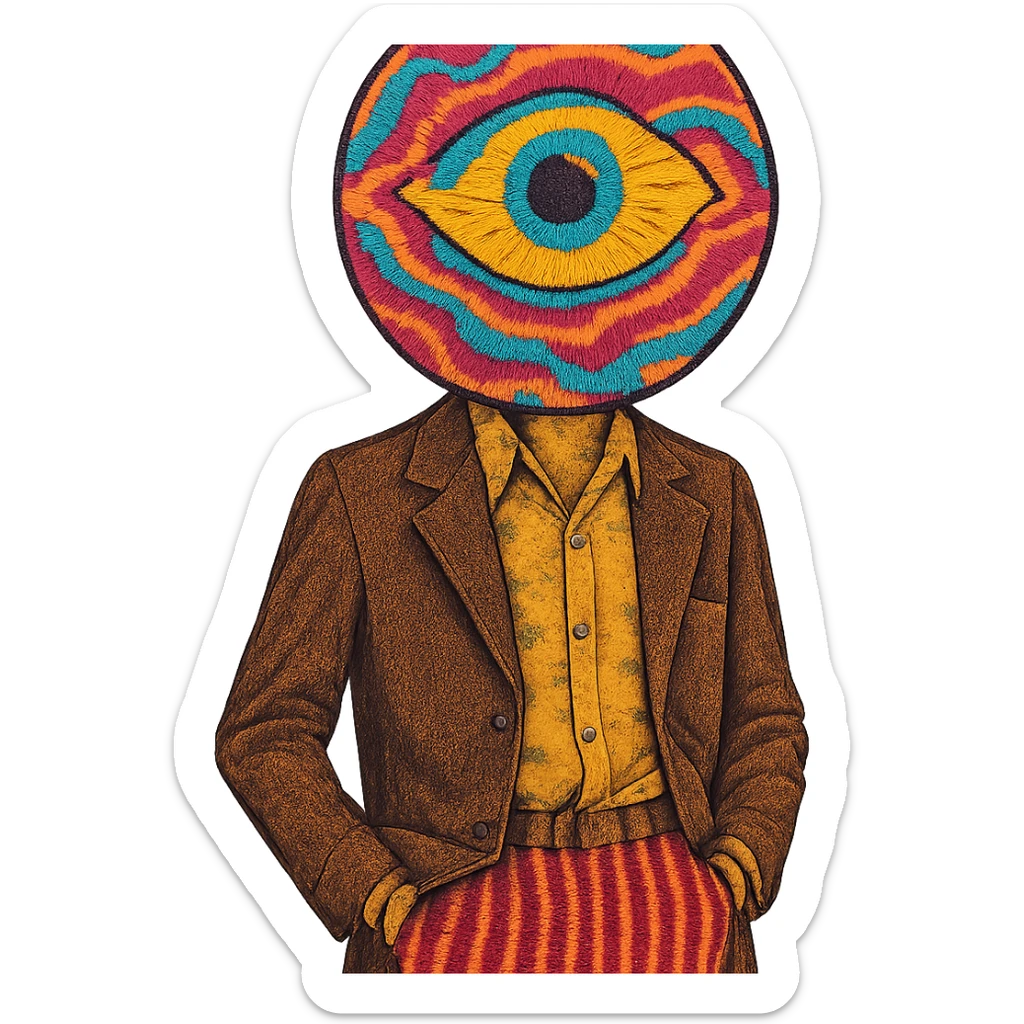 a person in vintage style, head replaced by a large colorful psychedelic eye, no facial features, 1970s fashion sticker