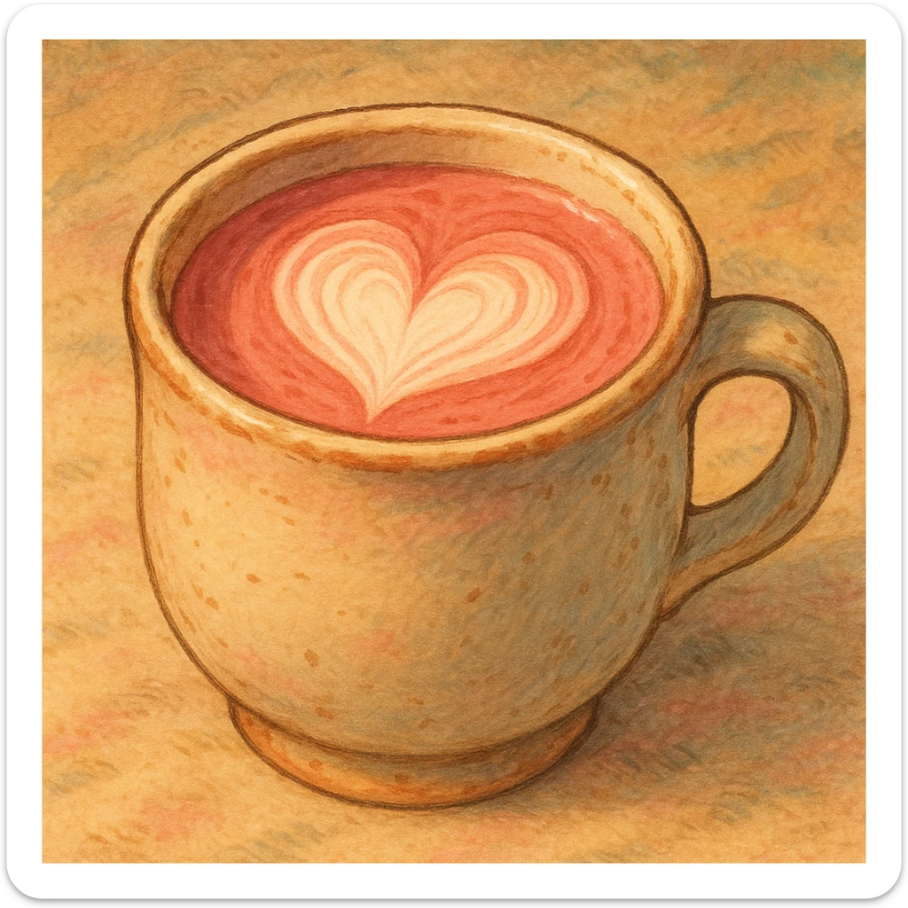 a pink mocha in a cozy mug with heart latte art, cute and inviting, in Ghibli style sticker