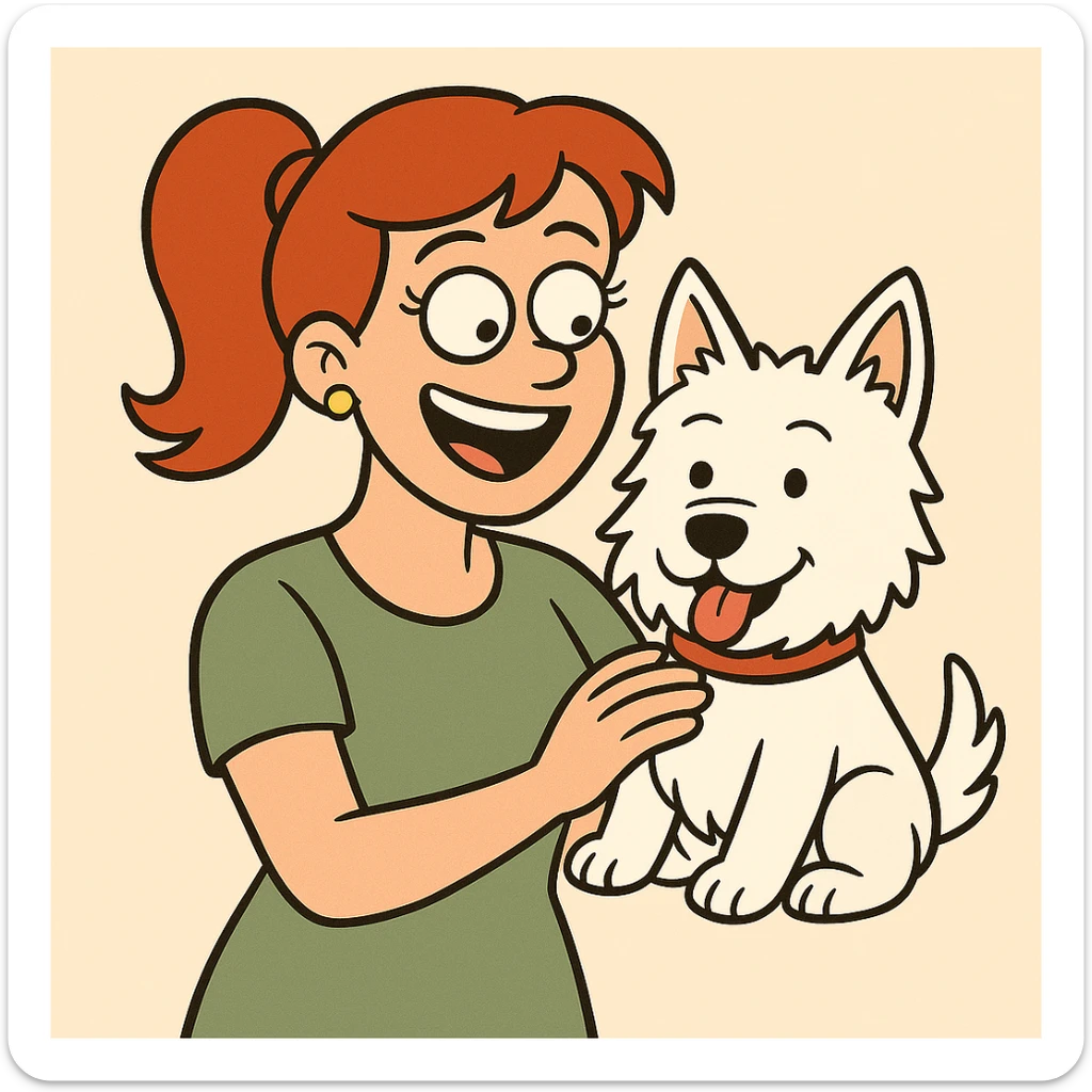 Change the woman's hairstyle to a ponytail, keep the cartoon style and cheerful atmosphere with the Westie dog. sticker