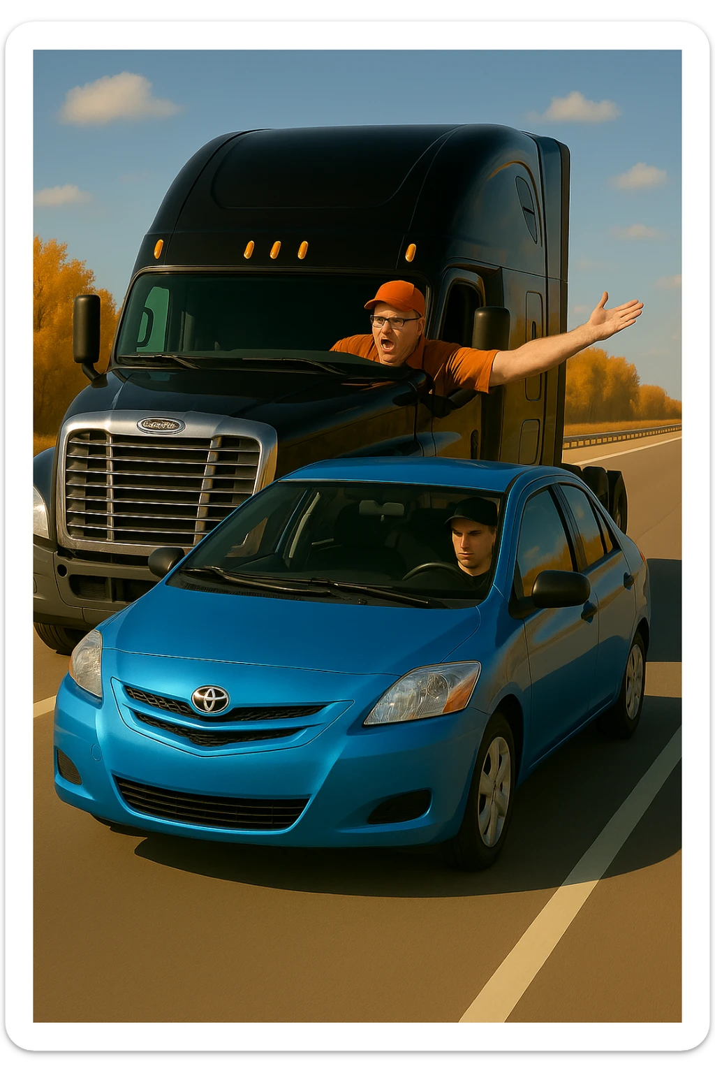 Add a baseball cap to the angry, bald truck driver with glasses and orange shirt, arm out the window. Keep the scene bright and vibrant, with a person in the car in front. sticker