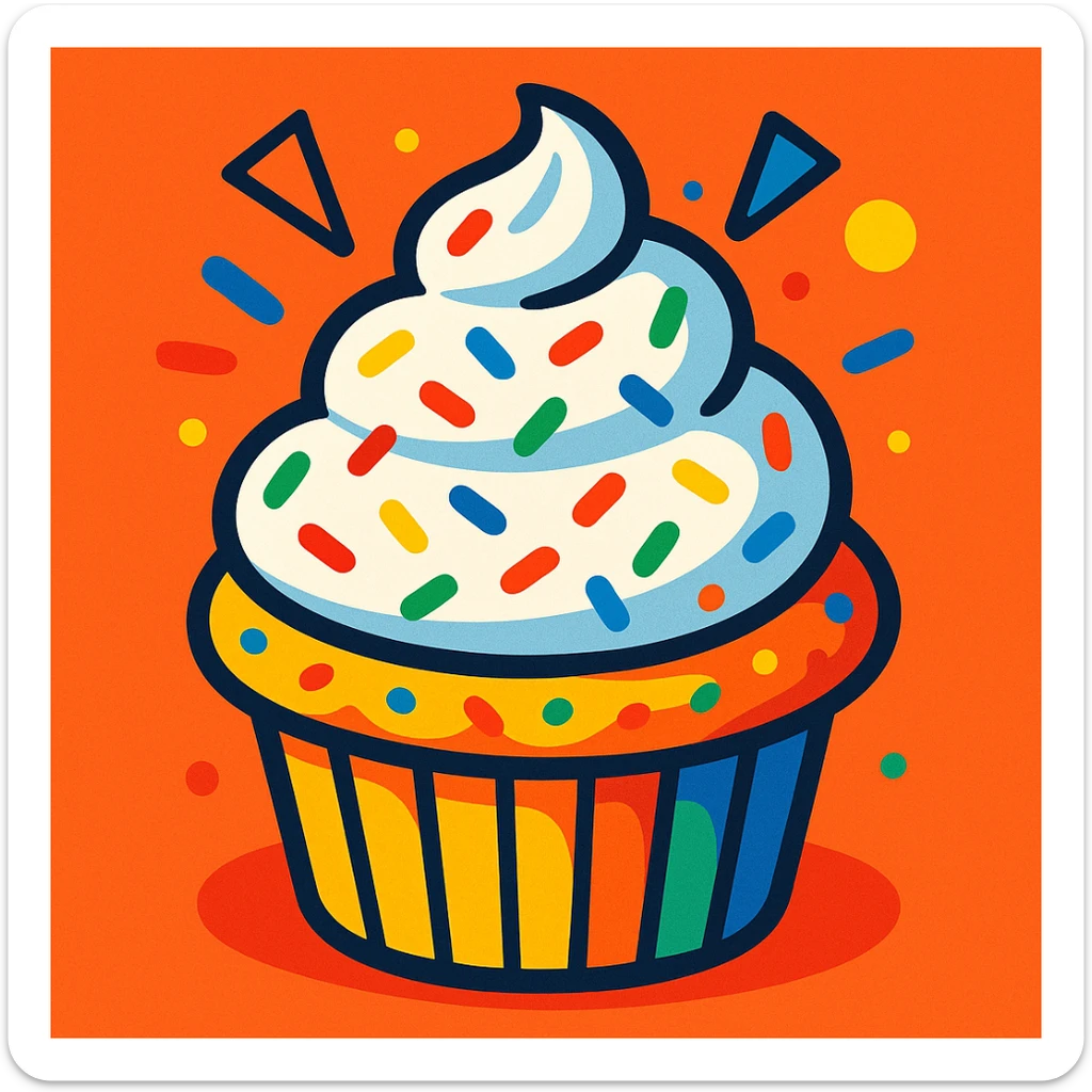 festive muffin with whipped cream swirl and multicolored sprinkles, vibrant style sticker