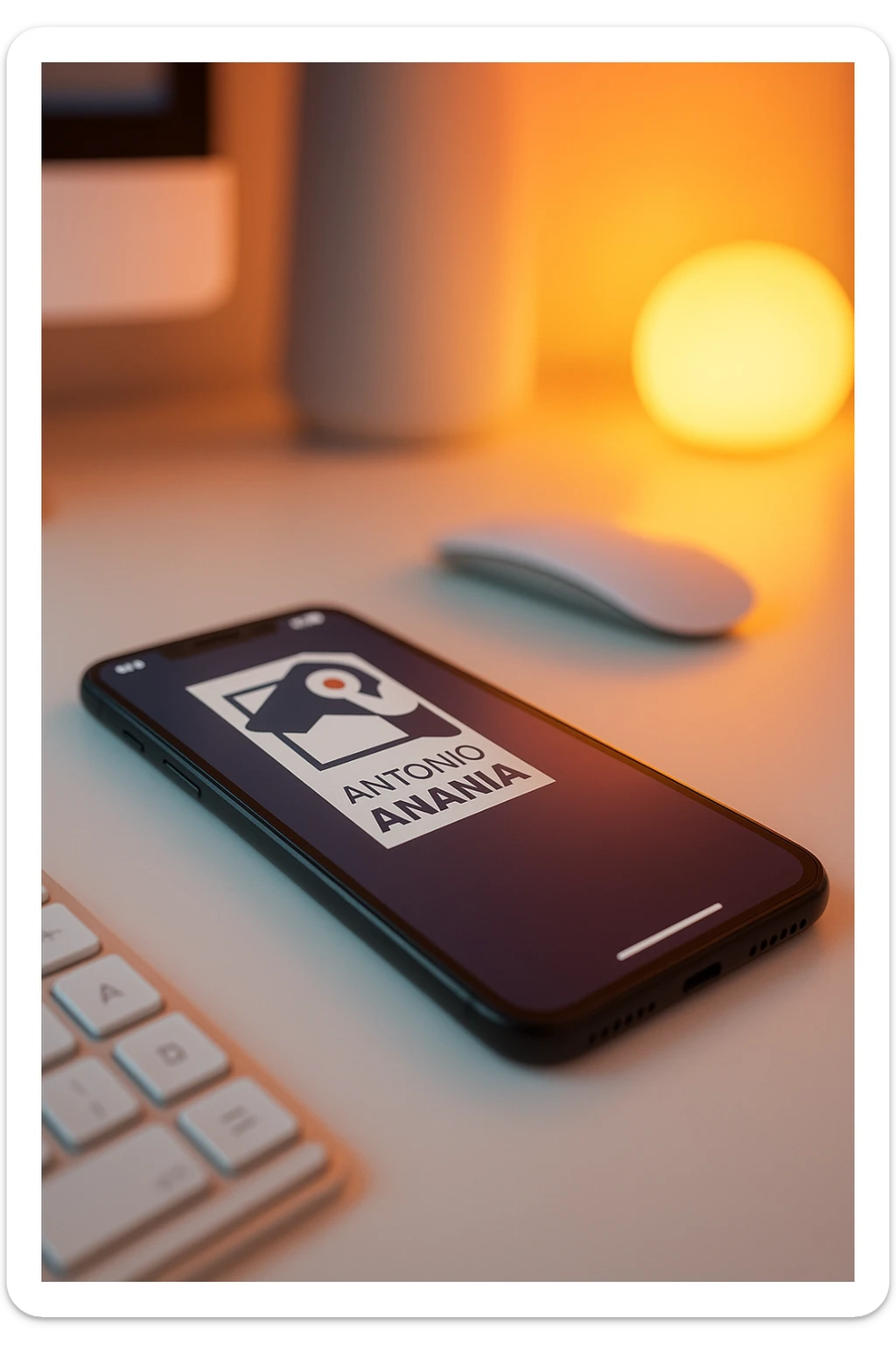 A photo of an iPhone on the desk with the message "Antonio Anania" on its screen, The phone sits atop a desk with a blurred background that suggests work environment. A faint glow from above casts gentle shadows across the surface of each object, creating depth and highlighting their textures sticker