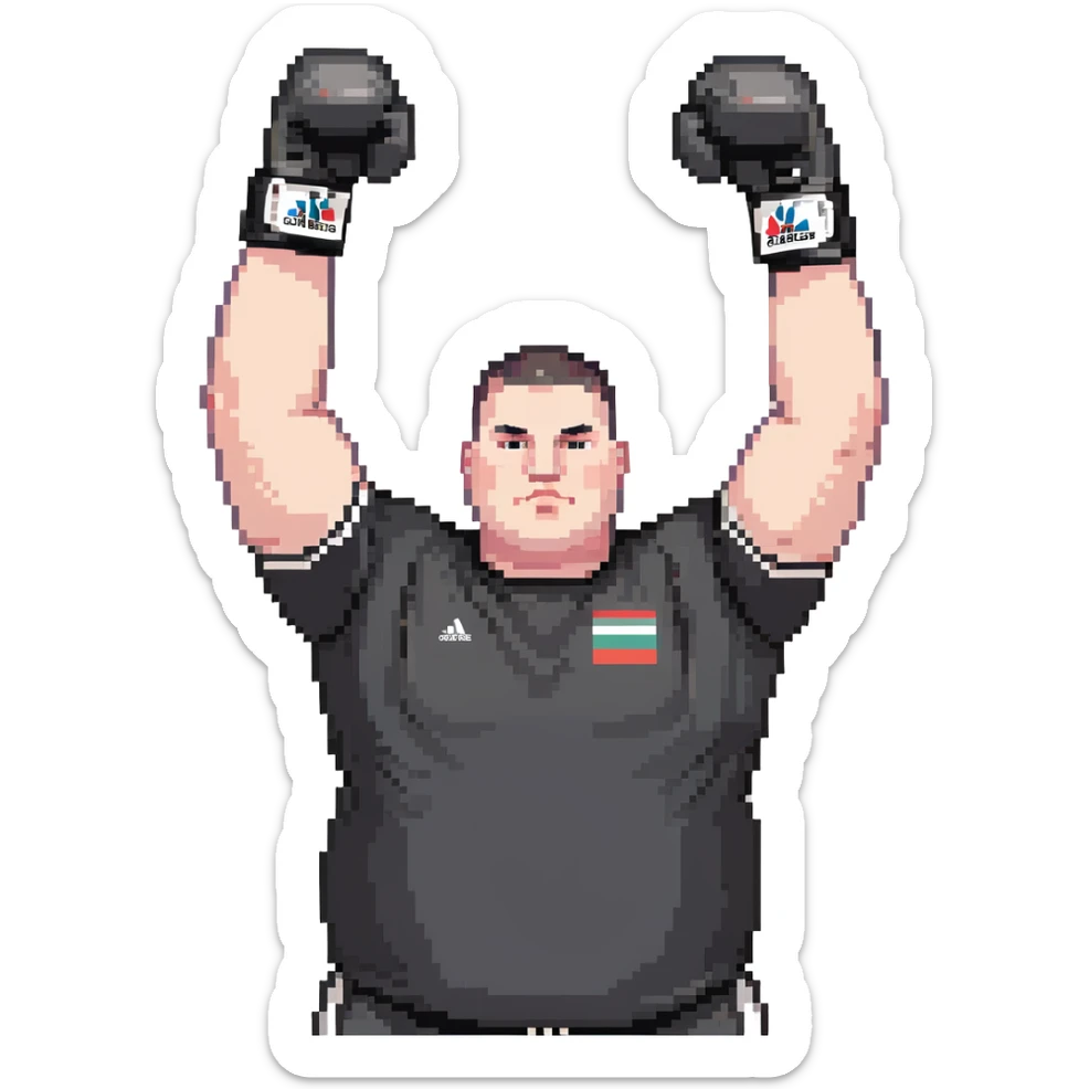 white man with dark hair, dark eyes, buzzcut faded haircut, overweight 100kg boxer, chubby face, stocky build, wearing full black clothes, black adidas boxing gloves, victory pose with arms raised, upper body only no legs visible, highly pixelated sticker
