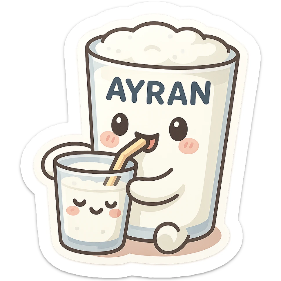 a humorous and cute scene of a glass of ayran drinking another glass of ayran sticker