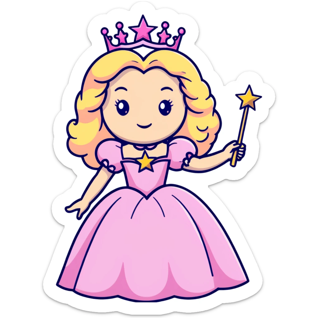 Glinda the Good Witch with long blonde curly hair, sparkling tiara, puffy pink ballgown, and magic wand with star sticker