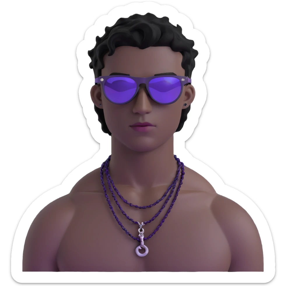 shirtless male athlete with white skin and moderately curly black hair on top with shaved sides, wearing purple sunglasses with very dark heavily tinted black lenses that completely hide the eyes, and a plain black chain necklace sticker
