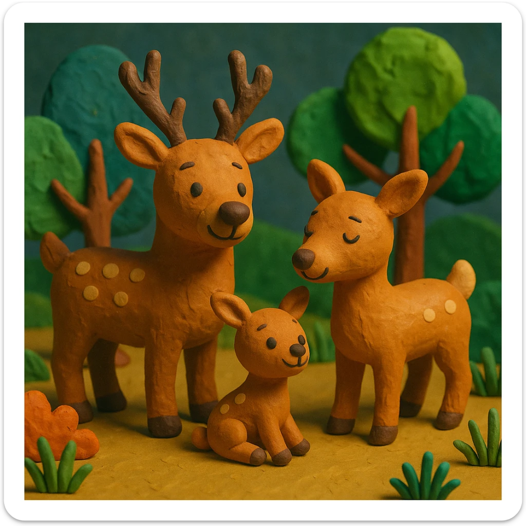 deer family in a woodland clearing, vibrant colors, cheerful and cozy, claymation style sticker