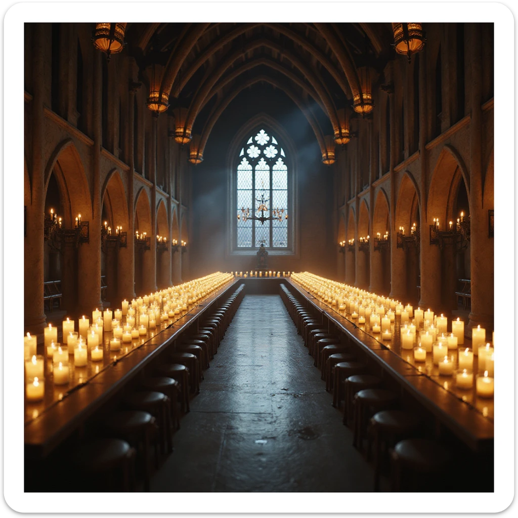 the Great Hall with floating candles and long tables, photorealistic style, Harry Potter series sticker