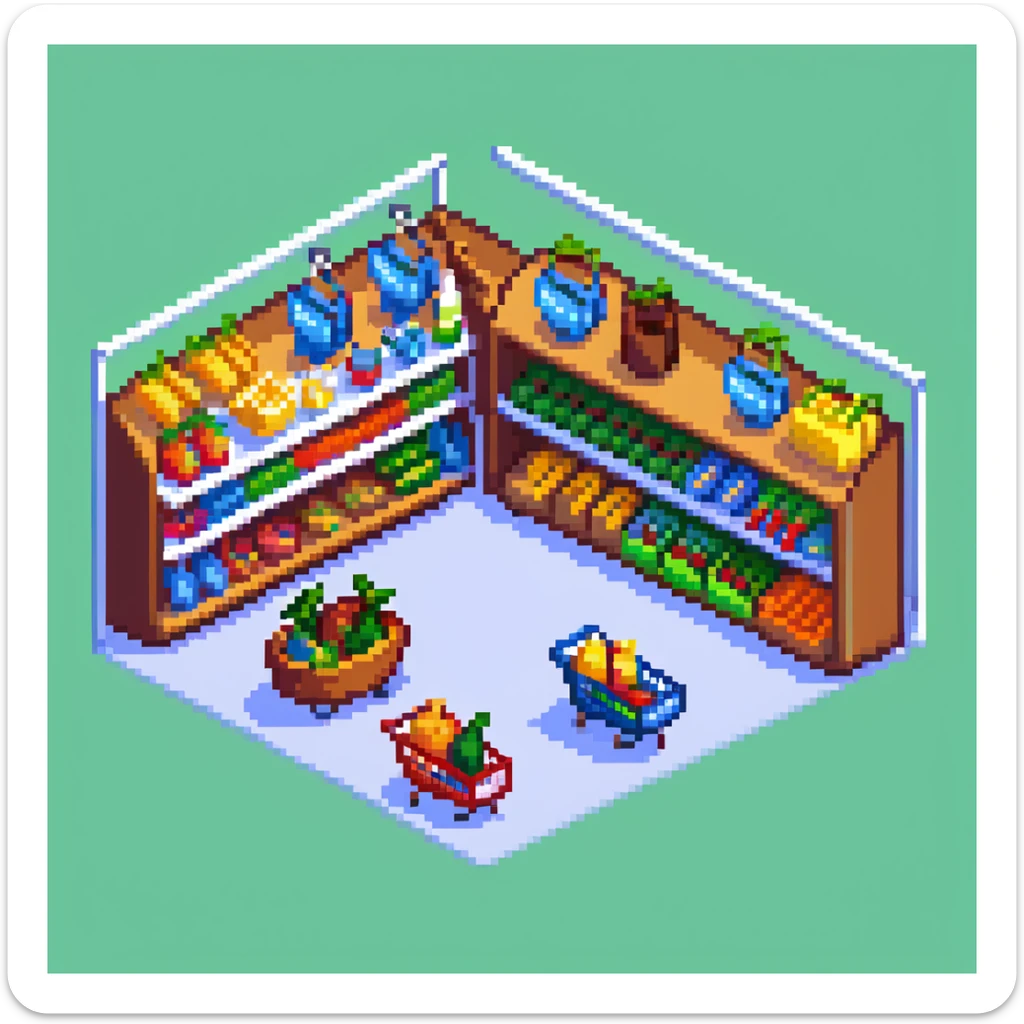 Isometric view of a supermarket with shelves of products, shopping carts, and checkout counters sticker