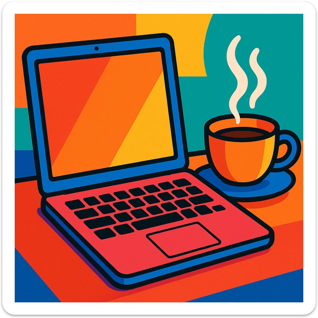 MacBook junto a una taza de café, estilo ilustración colorida y moderna sticker