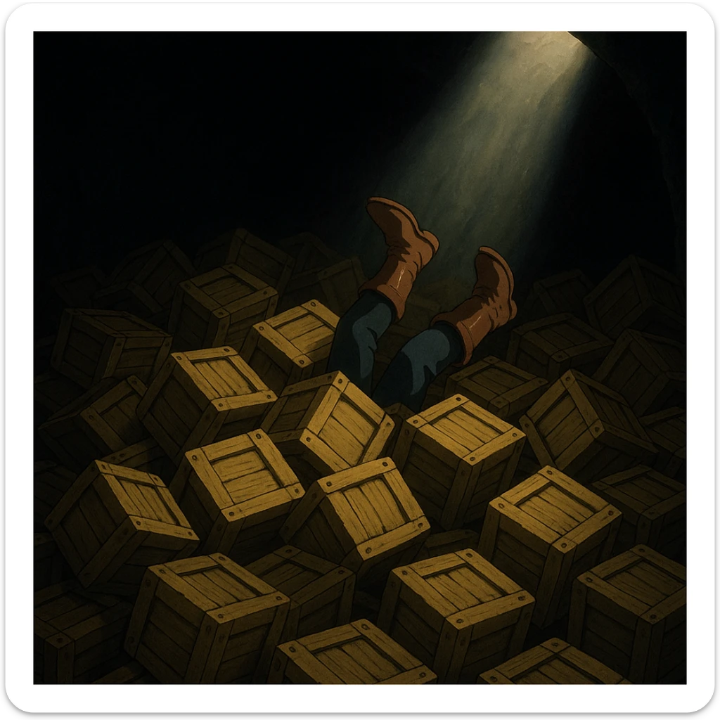 A pile of small oblong crates hidden in a dark area with a beam of light shining from above, with someone’s boots sticking out like they dove in sticker