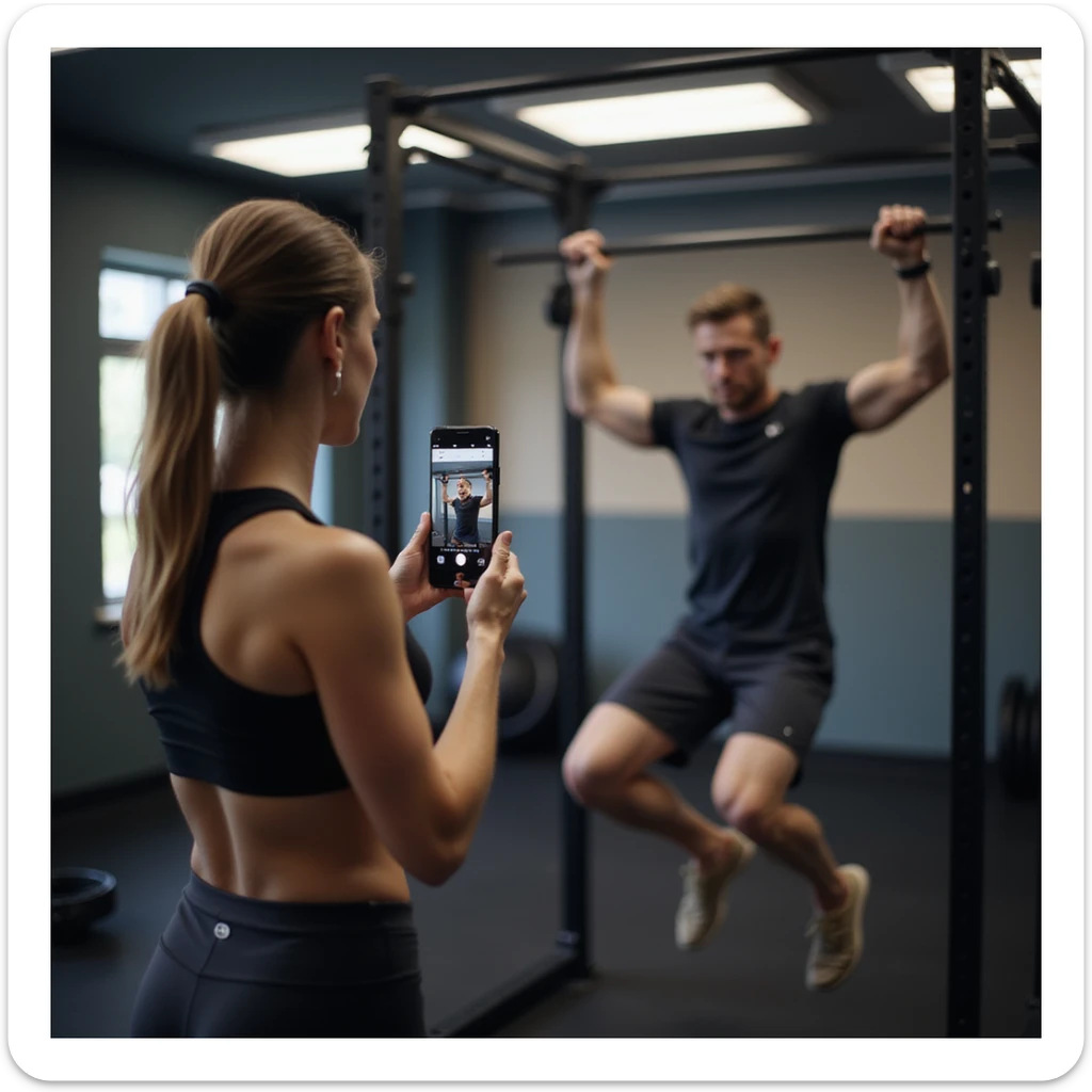 woman in gym wear holding smartphone on stand, recording video check for coach while doing pull-ups on bar, fitness equipment environment, hyperrealistic details, 4K, 3/8 sticker