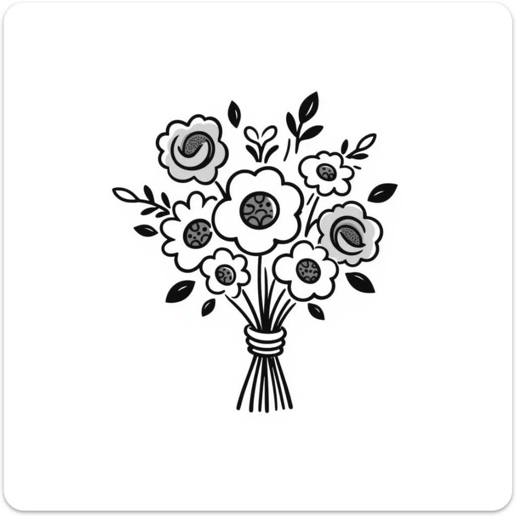 a hand-tied bouquet of assorted flowers with stems and leaves, pastel colors dd9fb0, ffc6d3, a3bfc9, c4bee2, f1b091, detailed hand-drawn doodle style sticker