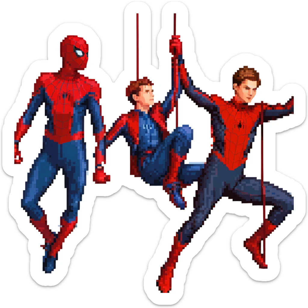 pixel art scene of three Spider-Mans Tobey Maguire Andrew Garfield Tom Holland fighting together each in unique suit red-blue red-blue red-black, swinging and using webs in dynamic action sticker