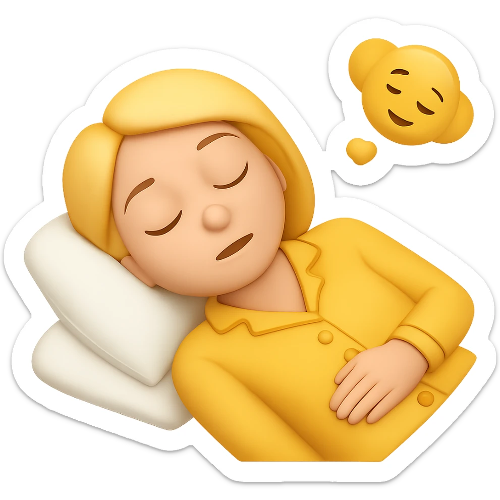 Create an image of a woman with blond hair wearing yellow pajamas, classic emoji style, sleeping on her back, with no background. The style should resemble classic emoji style. sticker