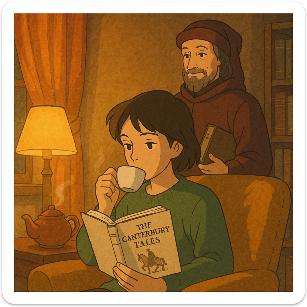 cozy scene of a person reading the Canterbury Tales and drinking tea, Chaucer in medieval attire standing behind, warm lighting sticker