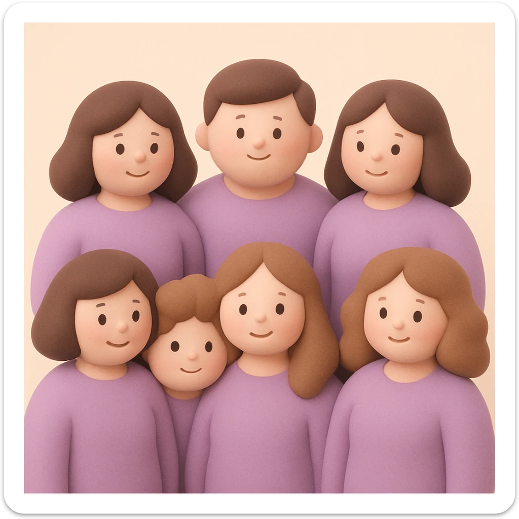 A group of 7 people: 1 man and 6 women, all wearing purple tops, in mochi style with soft pastel colors, rounded shapes, and friendly expressions. sticker