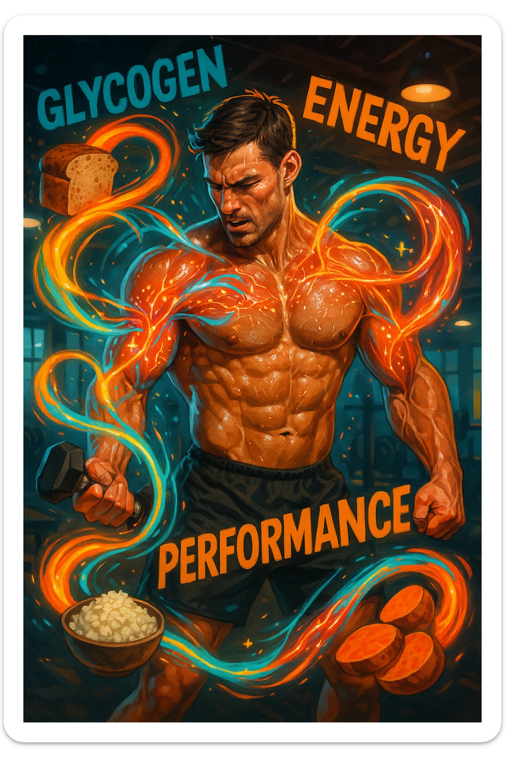 Uomo atletico di circa 30 anni durante un allenamento intenso in palestra, con muscoli ben definiti e sudati. Intorno a lui si visualizzano flussi energetici colorati che partono da fonti di carboidrati (pane integrale, riso, patate dolci) e si dirigono verso i suoi muscoli. I muscoli appaiono attivi, tesi e in pieno sforzo, con piccoli simboli di 'carburante' o energia che entrano nei tessuti. Espressione concentrata e potente. Sullo sfondo, parole come 'glicogeno', 'energia', 'prestazione'. Atmosfera dinamica, intensa e positiva. sticker