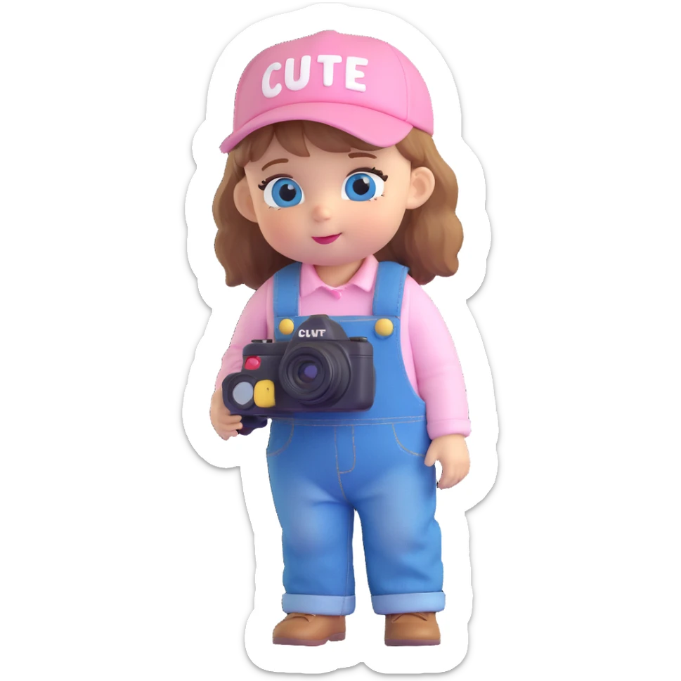 3D cartoon character design of a cute baby girl with golden brown hair, big blue eyes, pink blush, wearing denim overalls with the word 'cute' printed on her clothes, a cute hat, big head and small body, holding a camera, side view sticker