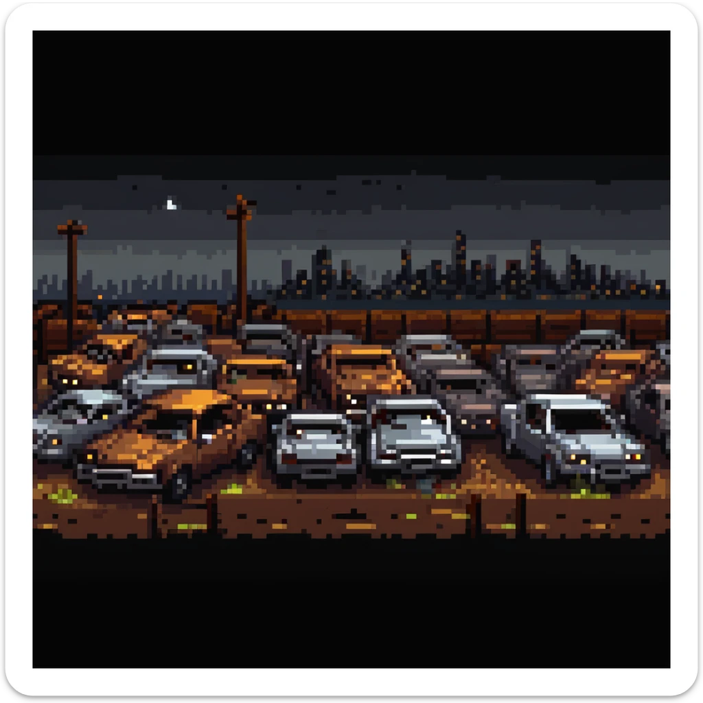 Pixel art junkyard at night, crushed cars, rusty metal, broken fence, flickering light, city lights far in the background, vertical 9:16 scene, side-view camera, retro arcade fighting stage
 sticker