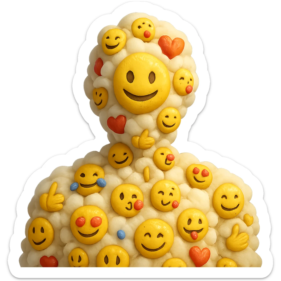 person composed entirely of volumetric emoji clouds, shoulder view, looking straight ahead sticker