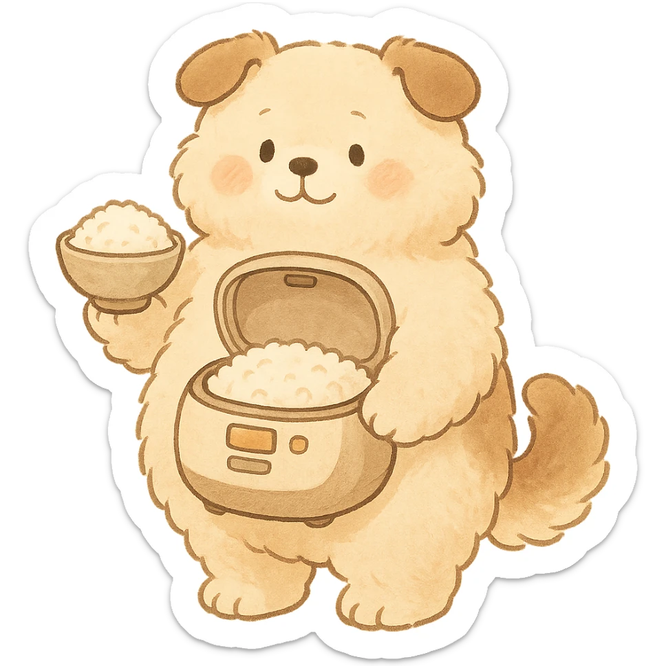 soft, fluffy dog with a round belly as a rice cooker, holding a rice bowl, cream and brown pastel colors, full-body sticker