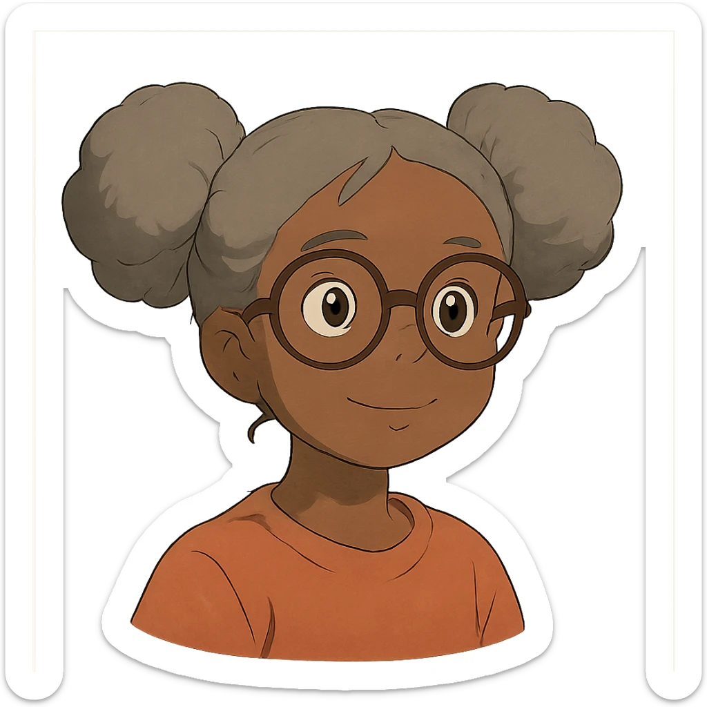 african american girl head with oversize glasses and gray hair in bunches, ghibli style sticker