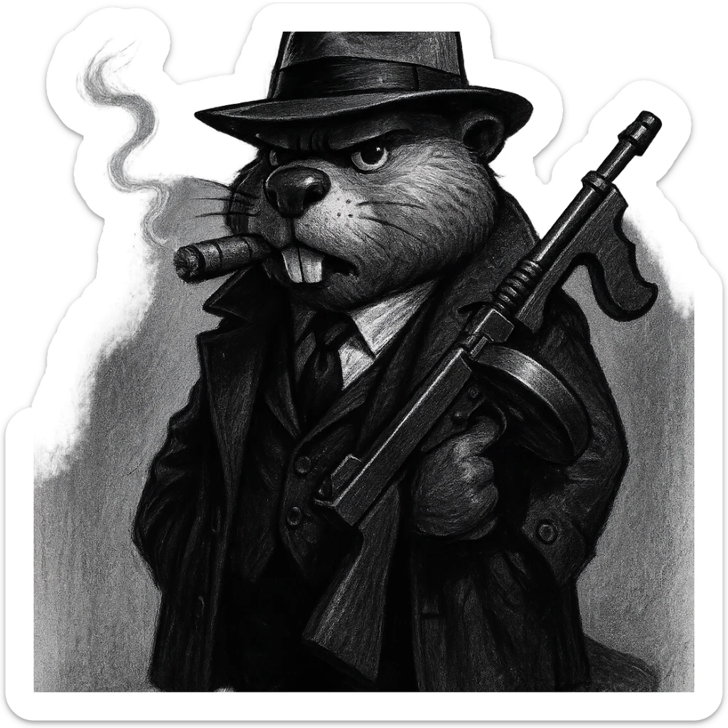 gritty noir-style cartoon of a beaver gangster from the 1920s, in a black suit, trench coat, white shirt, black tie, fedora, smoking a cigar, holding a Tommy gun, standing with confidence, dramatic lighting, realistic cartoon, transparent or simple background sticker