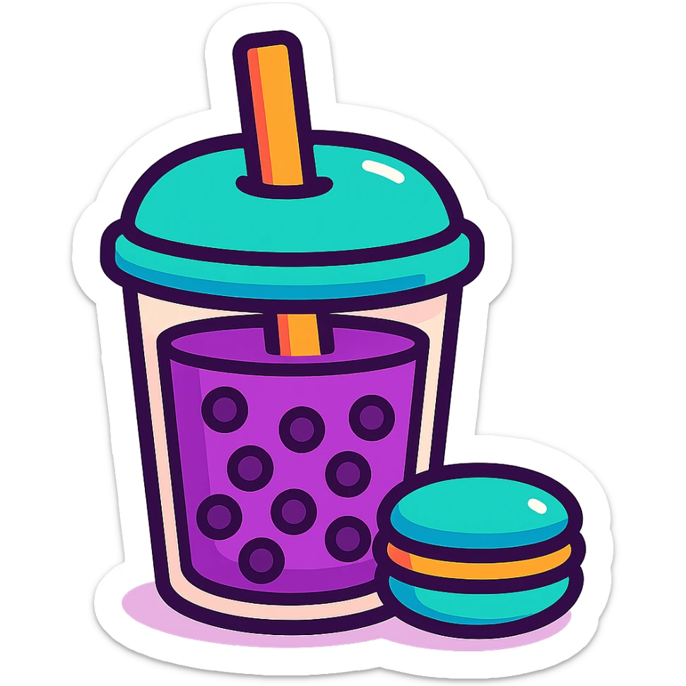a cup of purple boba tea with a macaron on the side, vibrant and cute, clear details sticker
