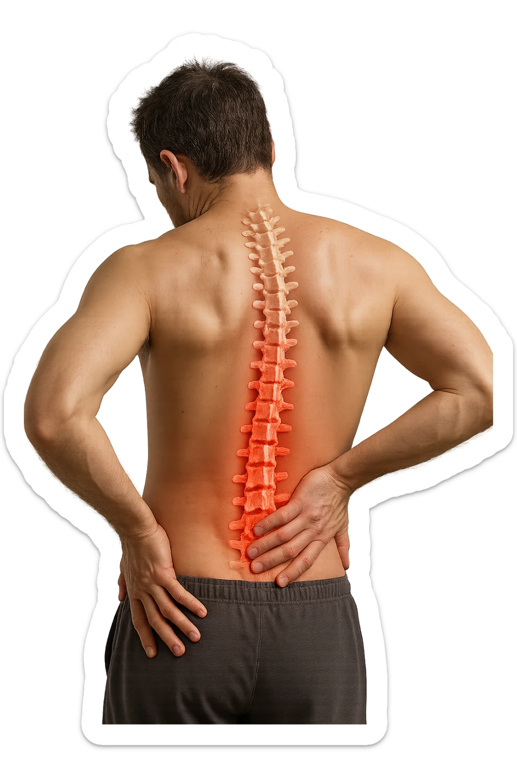 uomo con spina dorsale anatomica visibile che si massaggia la schiena perché gli fa male, iperrealistico 4k sticker