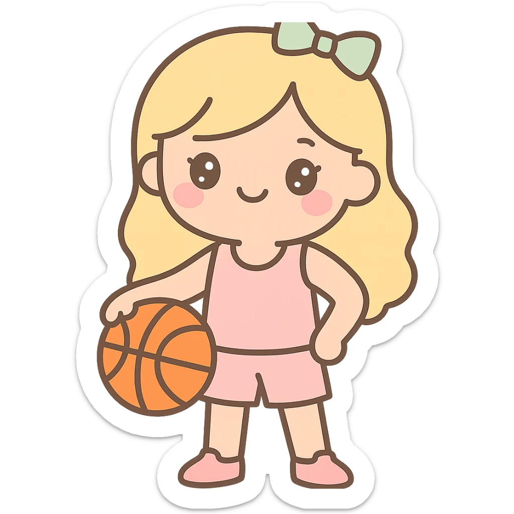 blonde white female basketball player wearing pastel pink basketball uniform holding orange basketball on hip smiling kawaii style no text sticker