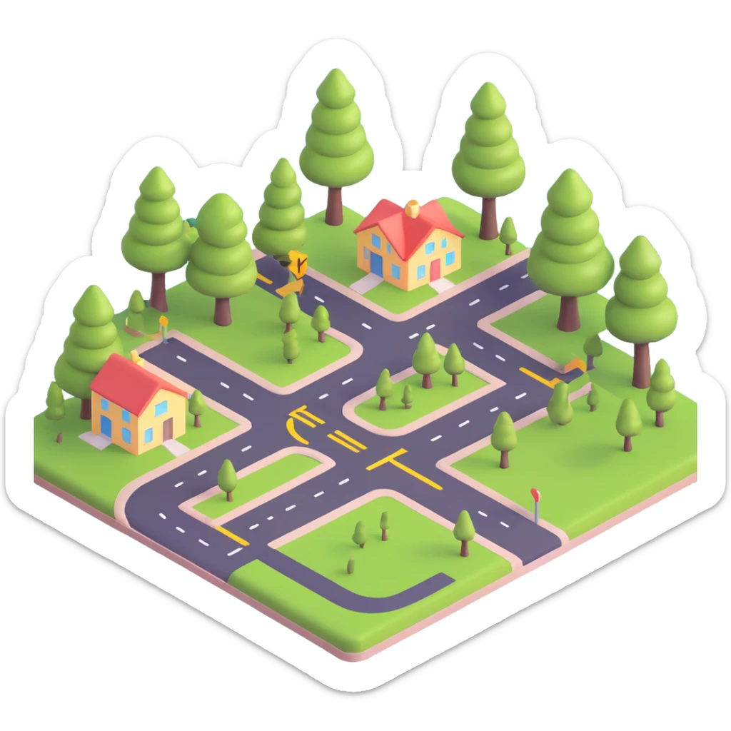 English learning material: 3D emoji style illustration of common places in town, labeled, with a road and trees sticker