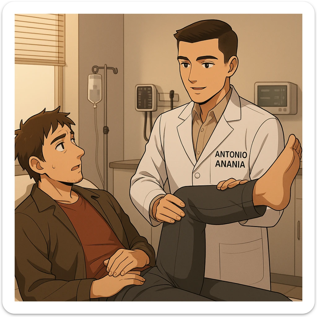 fai un webtoon manga a colori con questo stile, in cui un uomo è steso sul lettino medico e il kinesiologo con il camice bianco (fagli anche la scritta "ANTONIO ANANIA" SUL CAMICE, gli solleva una gamba per fargli il test neuromuscolare, IL KINESIOLOGO SPIEGA ALL'UOMO UNA cosa mentre gli alza la gamba. non fare i fumetti però, fai solo in modo che sembri stiano parlando sticker